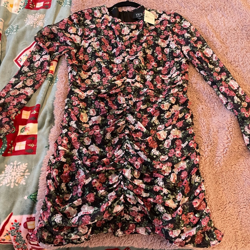 Vici Long Sleeve Floral Ruched Chiffon Ruffle High Neck Mini Dress